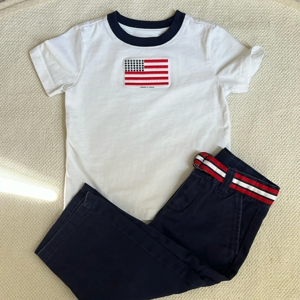 Janie & Jack Baby Boy American Flag Tee 🇺🇸 & Belted Twill Pant Outfit Set